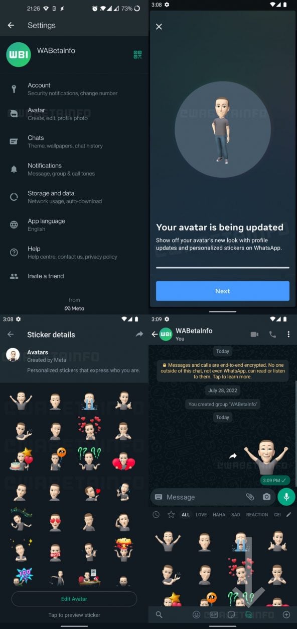 Varias capturas de pantalla que muestran la función de avatares en WhatsApp.