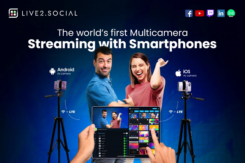 ilustración de la aplicación live2.social en una tableta, un hombre y una mujer detrás, una cámara a la izquierda y a la derecha