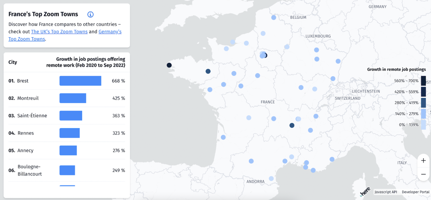 Mapa de Francia en el que se destacan las ciudades donde las ofertas de teletrabajo son más numerosas.