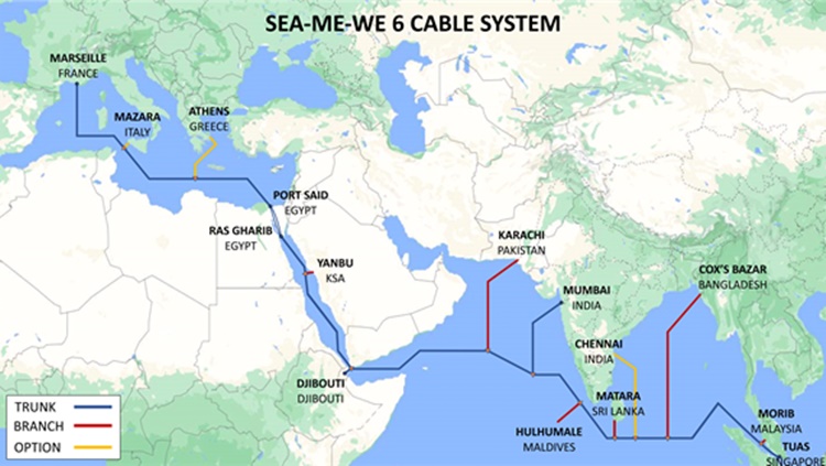 Un mapamundi que muestra la ruta del cable 6 Asia Sudoriental-Oriente Medio-Europa Occidental.